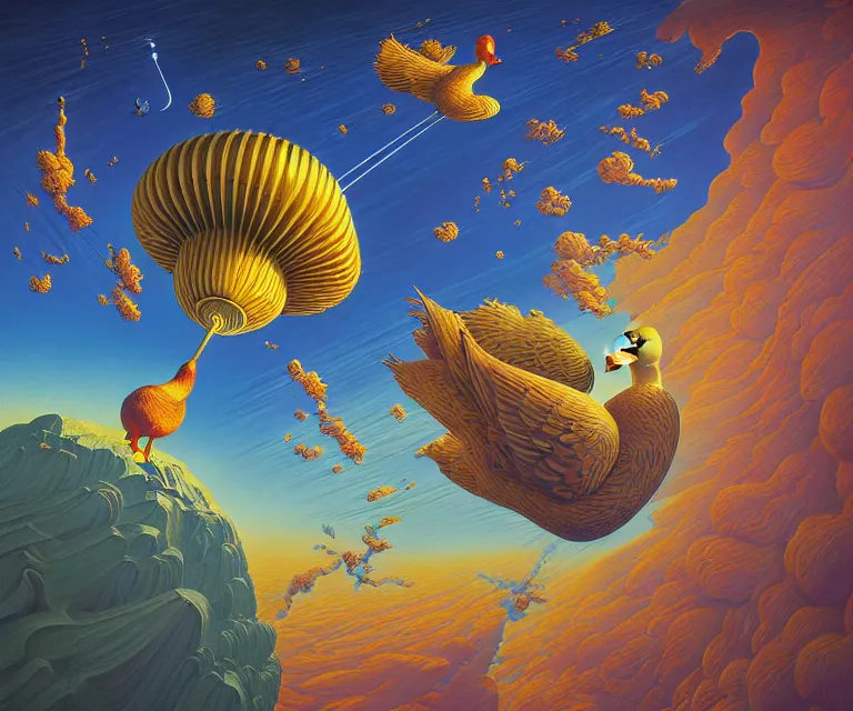 Image similar to hyper detailed 3d render like a Oil painting - a cartoon duck launching itself far above the earth into deep space, by Jacek Yerka, Mariusz Lewandowski, Houdini algorithmic generative render, Abstract brush strokes, Masterpiece, Edward Hopper and James Gilleard, Zdzislaw Beksinski, Mark Ryden, Wolfgang Lettl, hints of Yayoi Kasuma, octane render, 8k