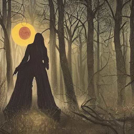 Prompt: beautiful woman with her eyes closed, close - up face, walking in the forest at night. full moon. folk horror. hyper detailed. socialist realism