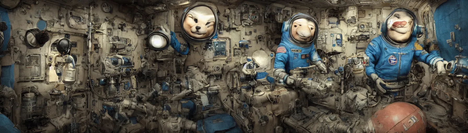 Image similar to Alexander Jansson Style, vintage astronaut in T pose, Blue Soviet nationality suit, The Laika space dog accompanies him, CGI, Many Details, Ultra Detailed, Octane Render, Real Engine 5 Cinematic, Realistic, Intricate Detail, Finely Detailed, Small Details, Extra Detail More details, tiny details, high resolution, 3D, PBR, path tracing, volumetric lighting, octane render, Arnold Render, 8k