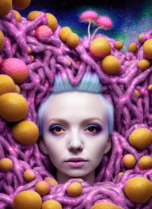 Prompt: hyper detailed 3d render like a Oil painting - kawaii portrait Aurora (white haired Singer Marten) seen Eating of the Strangling network of yellowcake aerochrome and milky Fruit and Her delicate Hands hold of gossamer polyp blossoms bring iridescent fungal flowers whose spores black the foolish stars by Jacek Yerka, Mariusz Lewandowski, Houdini algorithmic generative render, Abstract brush strokes, Masterpiece, Edward Hopper and James Gilleard, Zdzislaw Beksinski, Mark Ryden, Wolfgang Lettl, hints of Yayoi Kasuma, octane render, 8k