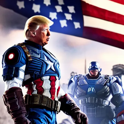 Image similar to portrait of donald trump as captain america in gears of war, splash art, maga, patriot, movie still, cinematic lighting, dramatic, glowing, ray tracing, octane render, long lens, shallow depth of field, bokeh, anamorphic lens flare, 8 k, hyper detailed, 3 5 mm film grain