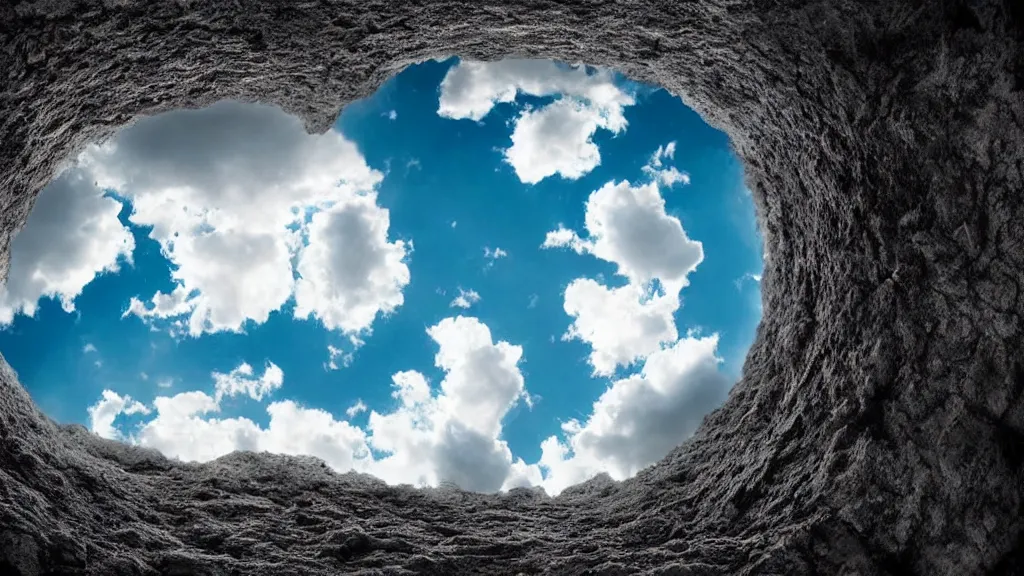 Prompt: looking up at the clouds from a deep hole in the ground, surrealism photography by Sarolta Bán