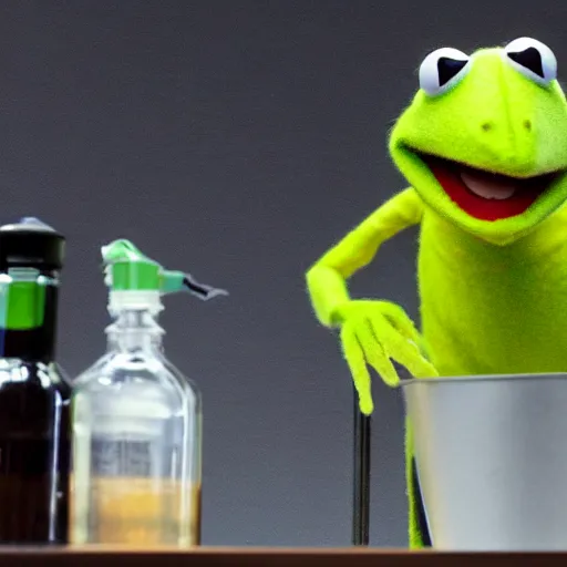 Image similar to kermit as a mad scientist, mixing chemicals