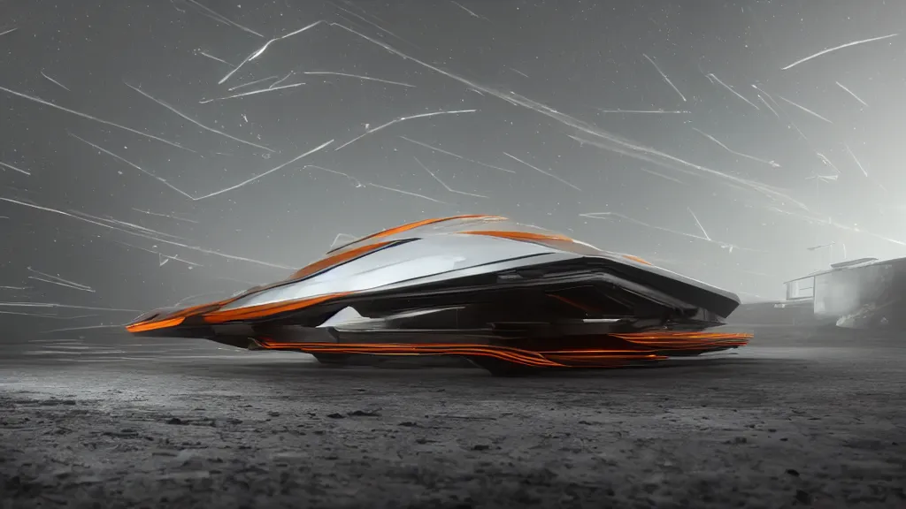 Prompt: a photorealistic dramatic hyperrealistic full frame render of a sleek futuristic interstellar spacecraft, ultra realistic details, glossy white metal, orange racing stripes, weathered surfaces, by vitaly bulgarov, mike nash, ben mauro, greg rutkowski, beautiful dramatic dark moody tones and lighting, cinematic atmosphere, studio lighting, shadows, dark background, octane render, 8 k