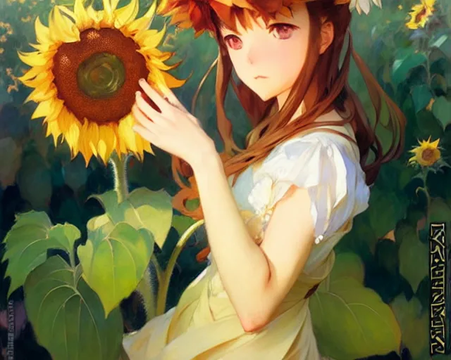 Prompt: beautiful sunflower anime girl, krenz cushart, mucha, ghibli, by joaquin sorolla rhads leyendecker - h 6 4 0