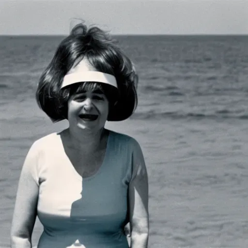 Image similar to middle aged woman with an inflatable head on top of her head, wearing a dress, at the seaside, 1976 French film, archival footage, technicolor film expired film live-action, 16mm