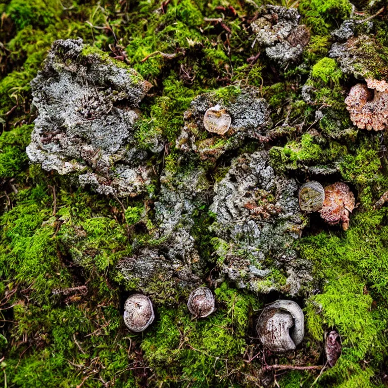 Image similar to a drawn picture lichens and moss close-up various fungus, mushrooms and plants, Atmospheric phenomenon, artistic photography, muted colors, conceptual, long exposure outside the city