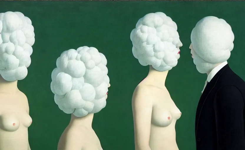 Image similar to the lovers # # white fabric covering heads # # by rene magritte, extremely intricate and detailed 8 k cinematic lighting, hyper realism