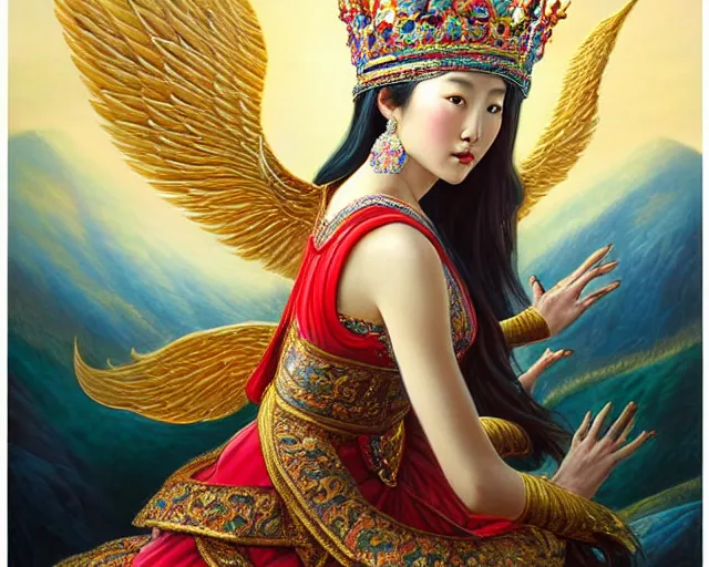 Prompt: portrait of a beautiful asian mongolian princess goddess spreading its wings, portrait of princess wearing a beautiful ornate crown, in the background lake baikal is seen, in the art style of bagshaw tom artgerm and bowater, charlie, by bagshaw tom, artgerm and bowater, charlie - - height 6 4 0