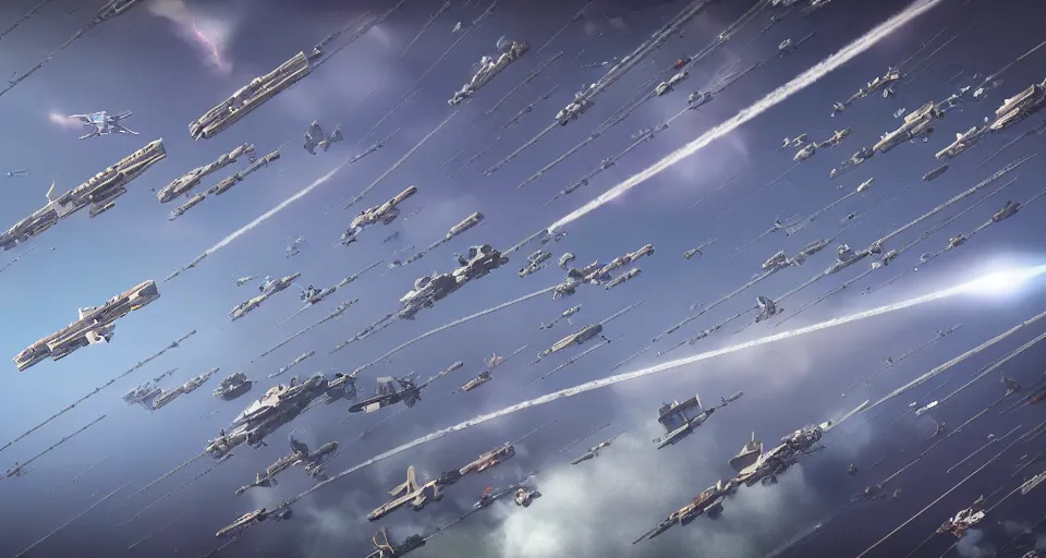 Prompt: a million uniform large passenger spaceships with subtle blue exhaust flame and contrails and in formation migrating in outer space, dutch angle from space view, concept art, high detail, intimidating, epic scale ultrawide angle, cinematic, Artstation trending, octane render, hyperrealistic, Cryengine 8k UHD