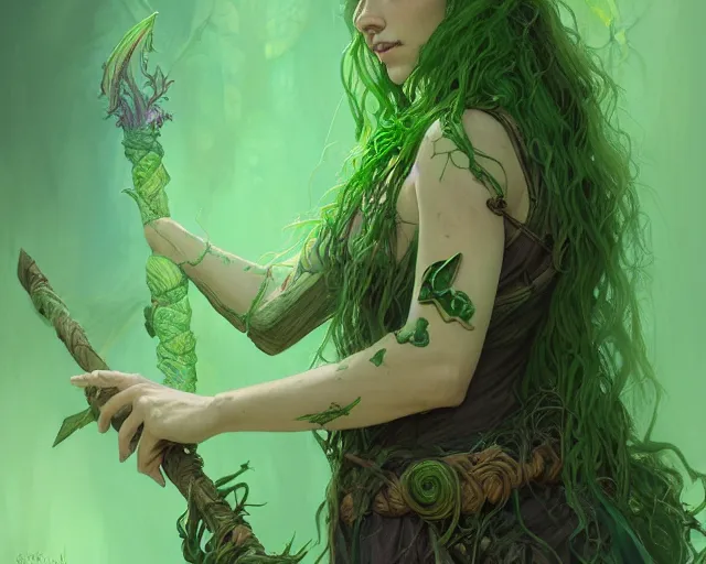 Prompt: portrait of a swamp witch, green skin, green hair, holding a caduceus staff, messy hair, d & d, fantasy, intricate, elegant, highly detailed, digital painting, artstation, concept art, matte, sharp, illustration, hearthstone, art by artgerm and greg rutkowski and alphonse mucha