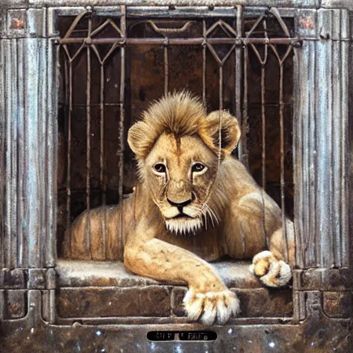 Prompt: cute lion cub with in a cage on a medieval fantasy market, oil painting, by greg rutkowski