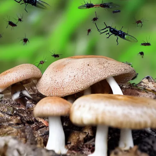 Prompt: real photo of a carnivore mushroom with some dead insects next to it