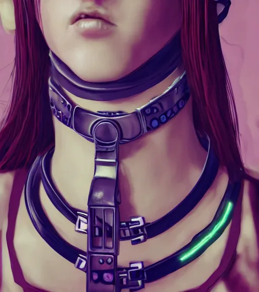 Image similar to detailed realistic female character cyberpunk wearing thick steel collar around neck, realistic, art, beautiful, 4K, collar, choker, collar around neck, punk, artstation, detailed, female, woman, choker, cyberpunk, neon, punk, collar, choker, collar around neck, thick collar, tight around neck, punk,