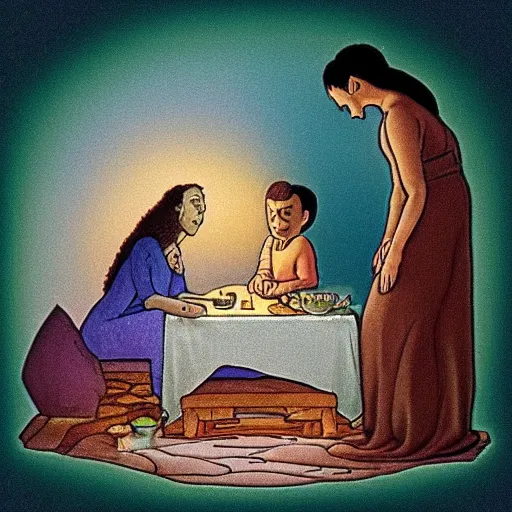 Image similar to the far side, phoenician casual by h. p. lovecraft. a beautiful performance art harmony of colors, simple but powerful composition. a scene of peaceful domesticity, with a mother & child in the center, surrounded by a few simple objects. colors are muted & calming, serenity & calm.