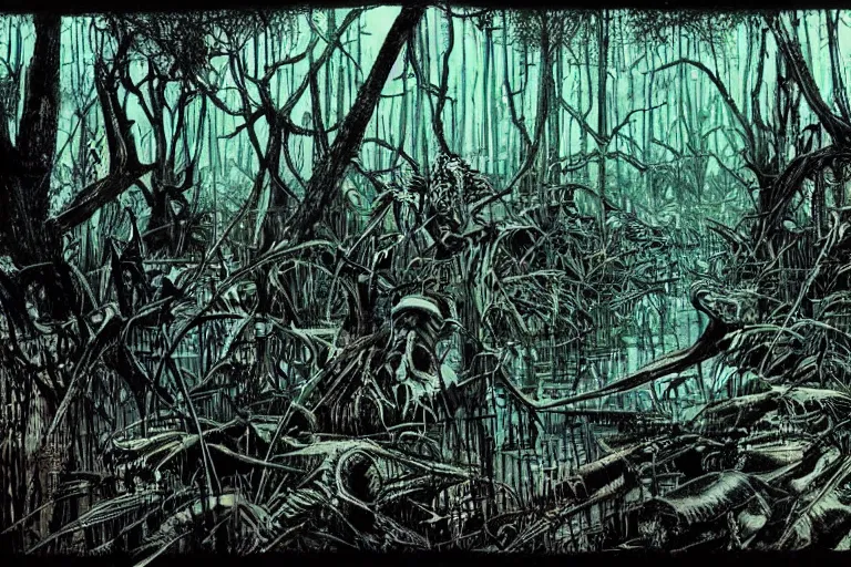 Image similar to scene from louisiana swamps, true detective, artwork by philippe druillet