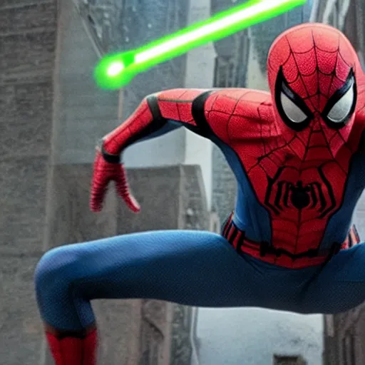 Image similar to dramatic movie still of Spider-Man fighting Luke Skywalker #wow