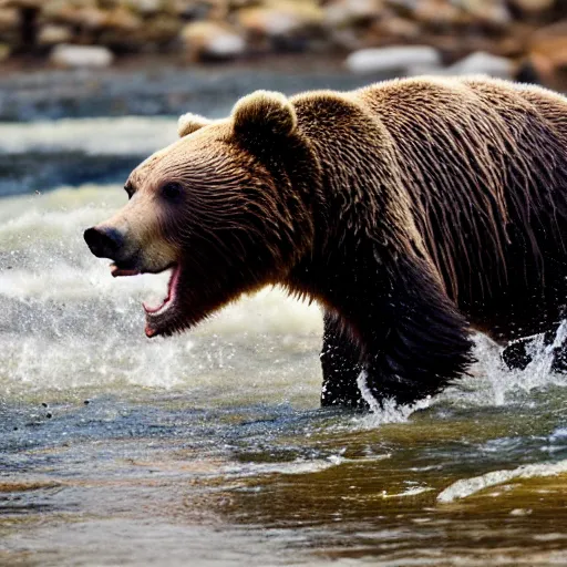 Image similar to a high quality photo closeup of a grizzly bear standing in a river. There is a salmon leaping in the air. the grizzly bear has its jaws open wide, trying to bite down and catch the salmon. Shallow depth of field.