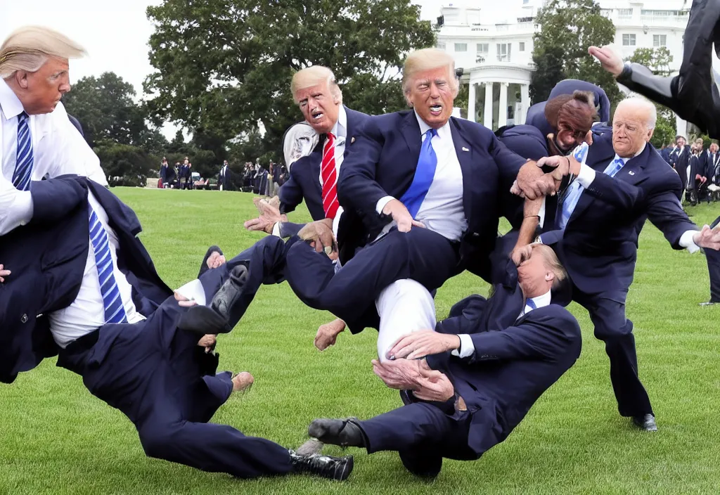 Image similar to joe biden gets tackled by donald trump in front of the white house on the lawn