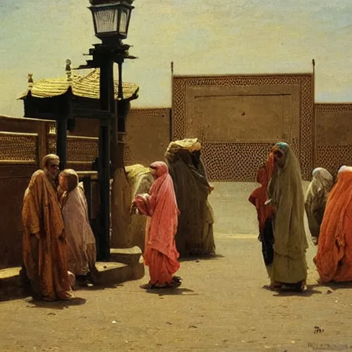 Prompt: outside the gate of Kano in the sokoto caliphate, 1885, bright, highly detailed, oil on canvas, by Ilya Repin