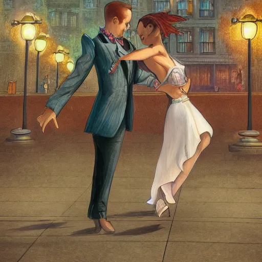 Prompt: a dancing couple in a future city, highly detailed, fantasy art