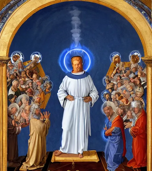 Image similar to hank hill wearing a white toga surrounded by blue fire and blue flames, renaissance religious painting, late gothic religious paintings, byzantine religious art, painting by duccio di buoninsegna and carlo crivelli, trending on artstation