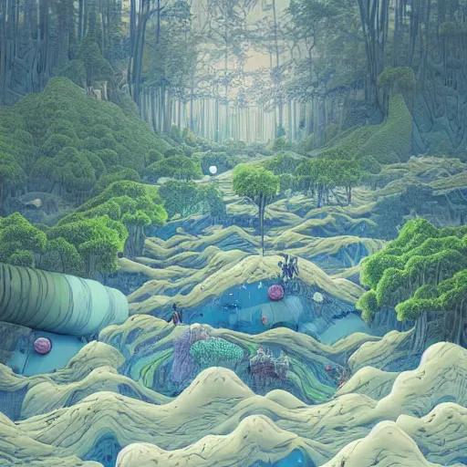 Prompt: inflatable landscape with forest, river and mountains swarm of floating wishes , concept art, huge scale, high detail, sci fi by James Jean