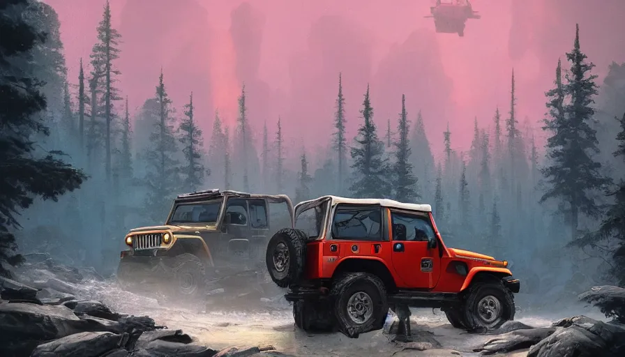 Image similar to Mahindra Thar, an epic fantasy, dramatic lighting, cinematic, establishing shot, extremely high detail, photorealistic, cinematic lighting, artstation, by simon stalenhag, horizon forbidden west