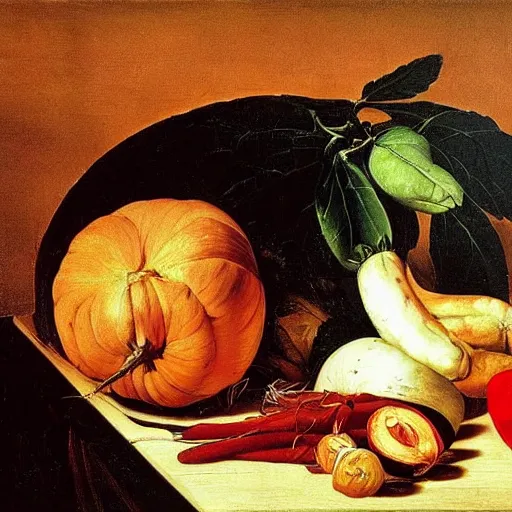 Image similar to a caravaggio painting of kimchi ingredients