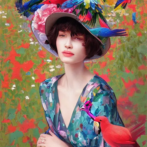 Prompt: a painting of a woman wearing a floral hat in a beautiful garden with parrots flying around, an ultrafine detailed painting by james jean, cgsociety, figurative art, ilya kuvshinov, detailed painting, rich color palette