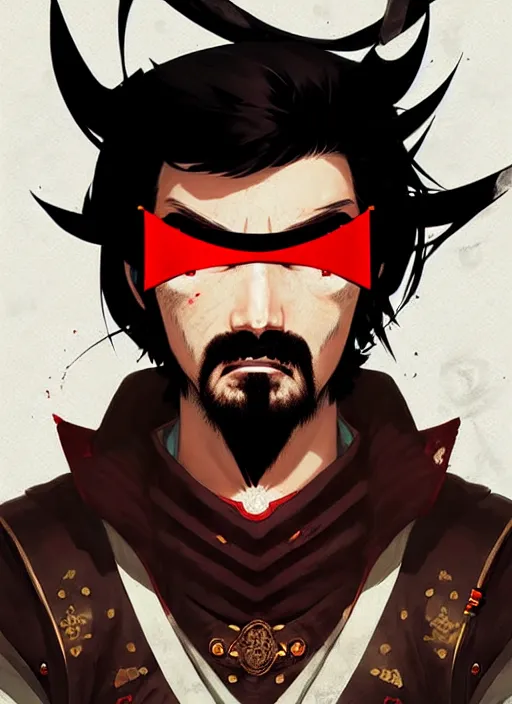 Image similar to highly detailed closeup portrait of xiahou dun with eyepatch, mudoken, by atey ghailan, by greg rutkowski, by greg tocchini, by james gilleard, by joe fenton, by kaethe butcher, gradient red, black, brown and white color scheme, grunge aesthetic!!! white graffiti tag wall background