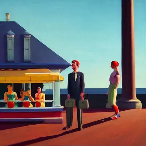 Image similar to a fine art painting of the ingame avatars from planet coaster with a coaster in view in the style of edward hopper and wes anderson.