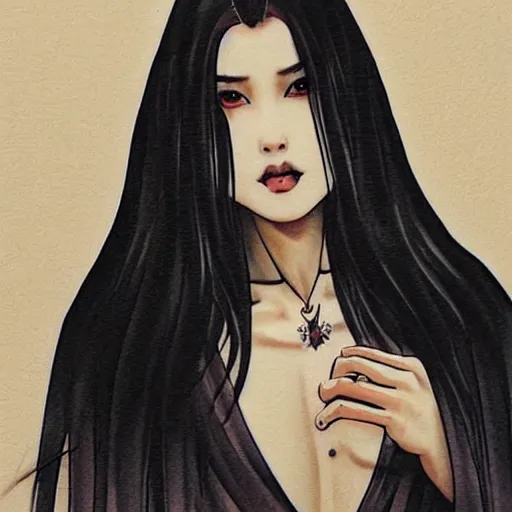 Image similar to tattoo design, stencil, beautiful young female, long dark hair, symmetrical facial features, Japanese, partially clothed in robe, by William-Adolphe Bouguerea and artgerm