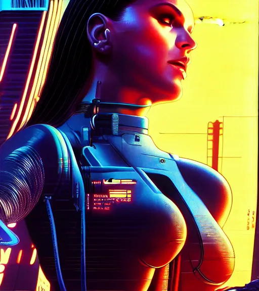 Image similar to cable plugged in, side of head, very very beautiful woman, cyberdeck computer terminal, street level night city, 1 9 7 9 omni magazine cover, style by vincent di fate, artgerm, cyberpunk 2 0 7 7, very coherent, detailed, 4 k resolution, unreal engine, daz