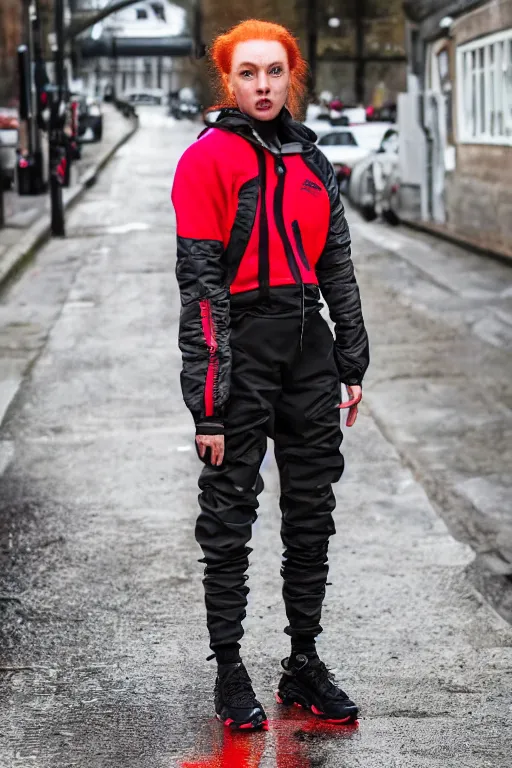 Image similar to beautiful red haired british woman in techwear, techwear look and clothes, hyper-maximalist, highly-detailed and intricate, ACRNYM, Errolson Hugh, Y3, trending on r/streetwear, outfit photo, we see them from head to toe