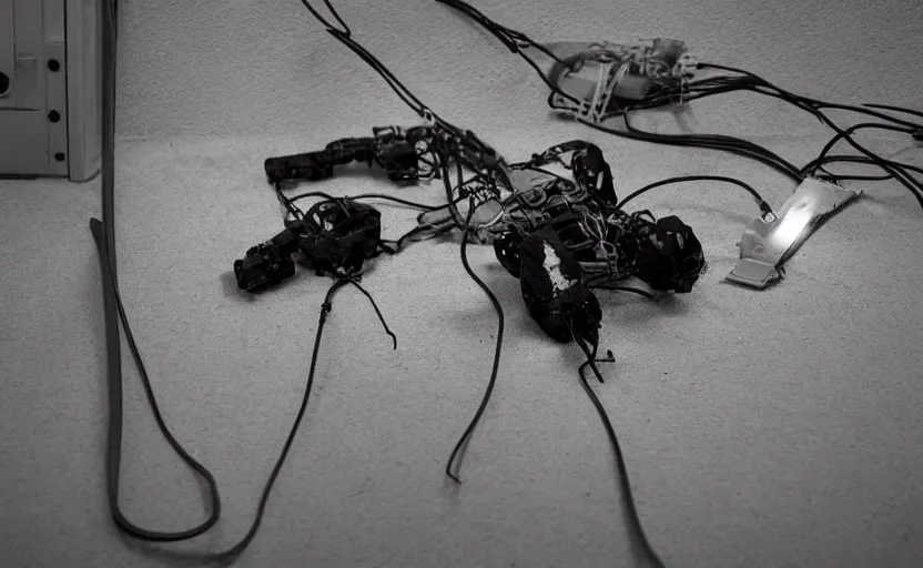 Prompt: wounded laying dog robot, sad eyes, photography, wires, circuit, electricity, realistic