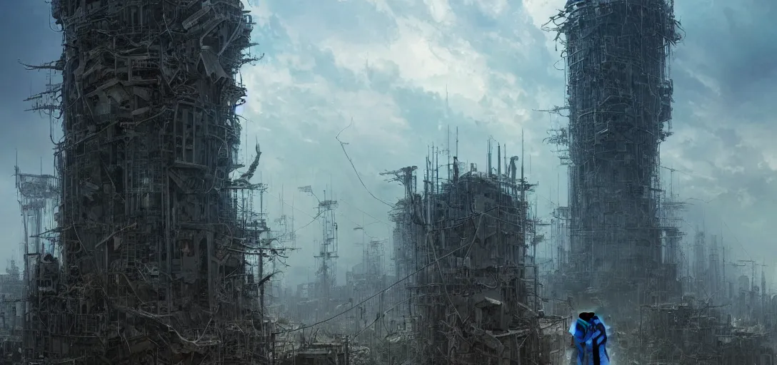 Prompt: WISP owner looking up at giant tower, getting ready to climb and replace radio. Post apocalypitic landscape, dystopia. james gurney, james jean, greg rutkowski, anato finnstark. hyper detailed, 35mm