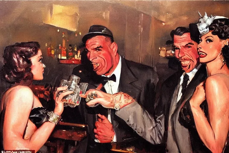 Prompt: rich piana dressed as a gangster is offered a drink at a 1 9 5 0 s party by a slim young lady, painted by phil hale and rick berry and dean cornwell and norman rockwell and jack kirby and jeremy mann