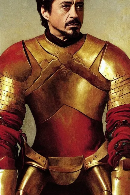 Prompt: robert downey jr wearing red and golden medieval armour, game of thrones, bouguereau