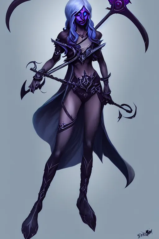 Image similar to Full body character concept art of a female Drow necromancer, scythe, pretty face, long dark hair, by Stanley Artgerm Lau, WLOP, Rossdraws, James Jean, Andrei Riabovitchev, Marc Simonetti, and Sakimichan, tranding on artstation