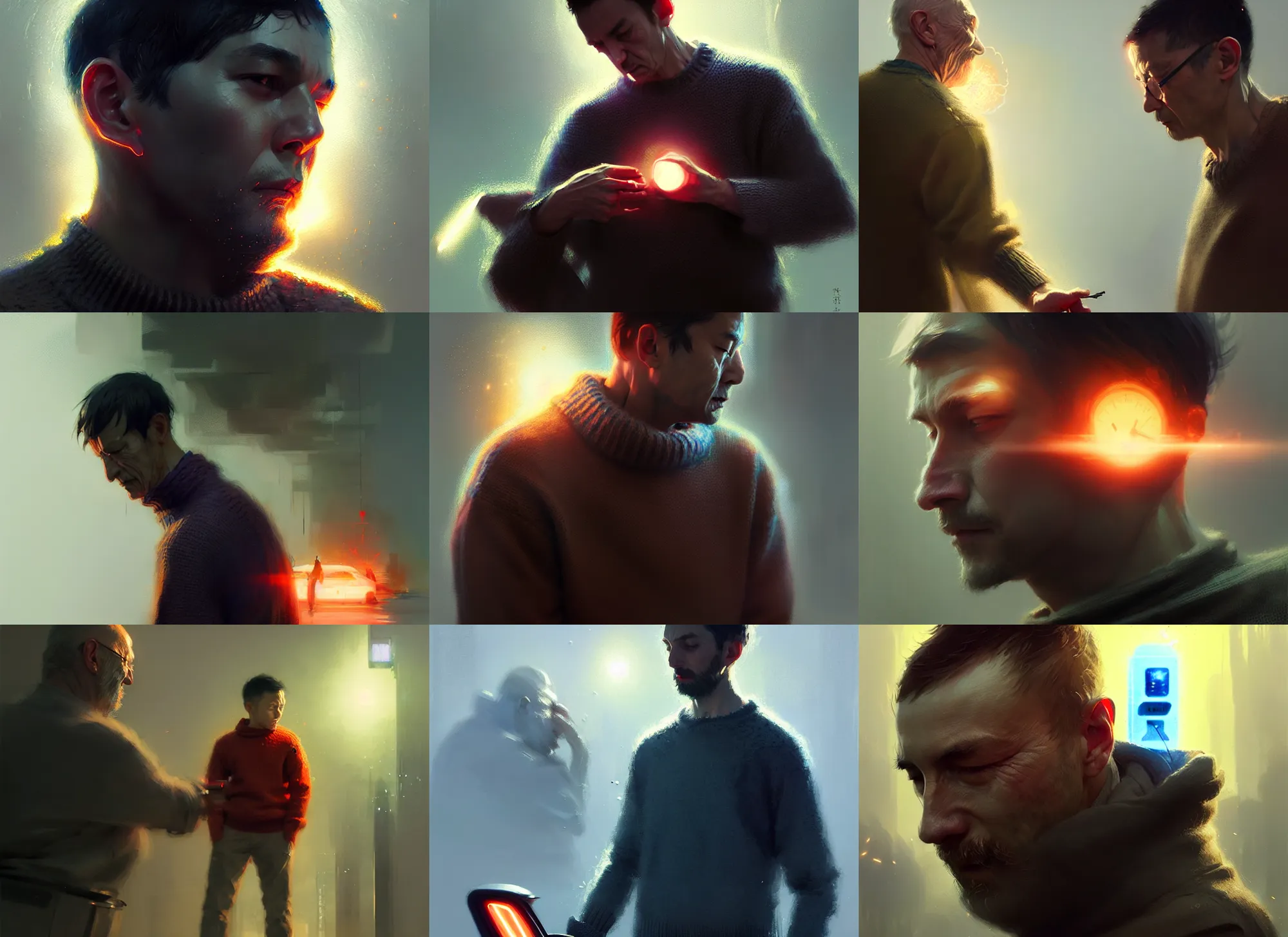 Prompt: man in a sweater turning the gas up, mischievous, intricate, sharp focus, lens flare, bloom, illustration, highly detailed, digital painting, concept art, matte, art by ruan jia and wlop and greg rutkowski, masterpiece