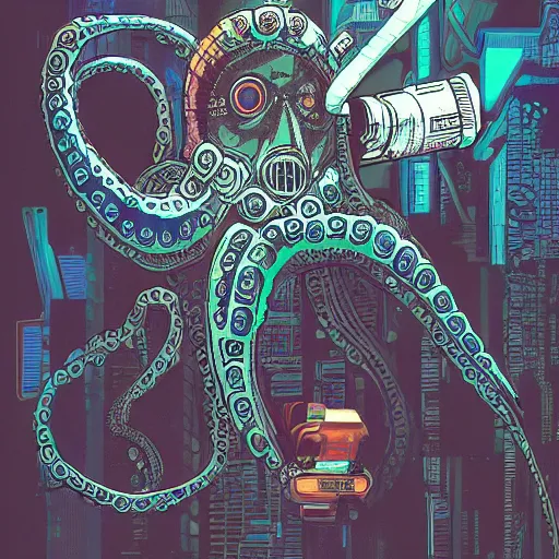 Image similar to cyberpunk Octopus, Industrial Scifi, detailed illustration, techwear, character portrait, by Martin Grip and Moebius