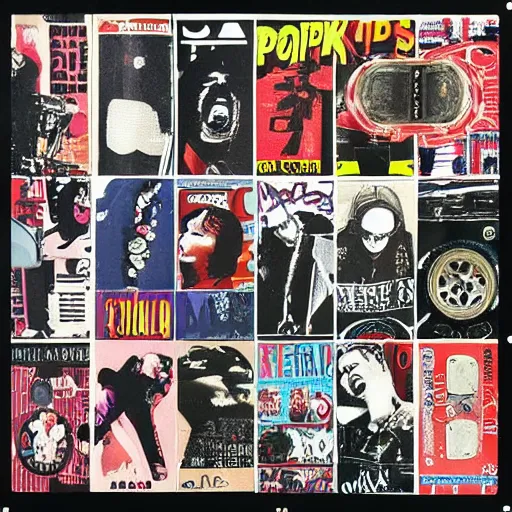 Image similar to !!!!!! sportscar!!!!!! made out of ( ( ( ( punk album art sleeves ) ) ) ), 3 5 mm film