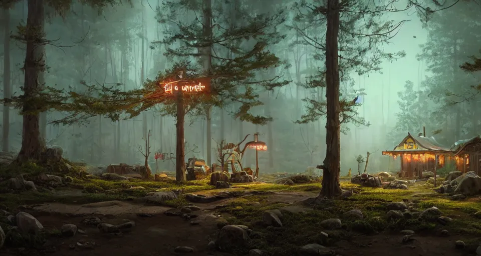 Prompt: A quiet tavern in the middle of a forgotten magical forest, rendered by simon stålenhag, rendered by Beeple, Makoto Shinkai, syd meade, environment concept, digital art, starwars, Gundam Style, unreal engine, 3 point perspective, WLOP, trending on artstation, low level, 4K UHD image, octane render,