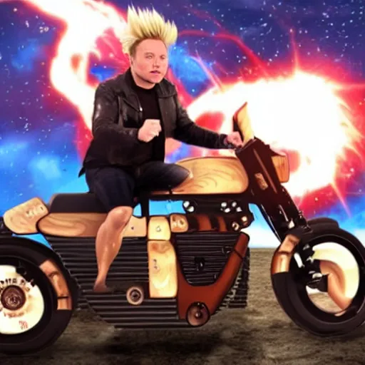 Prompt: elon musk as a super sayan riding on a motorcycle