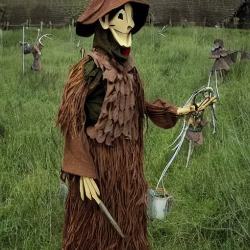 Image similar to elvish scarecrow scaring off goblins