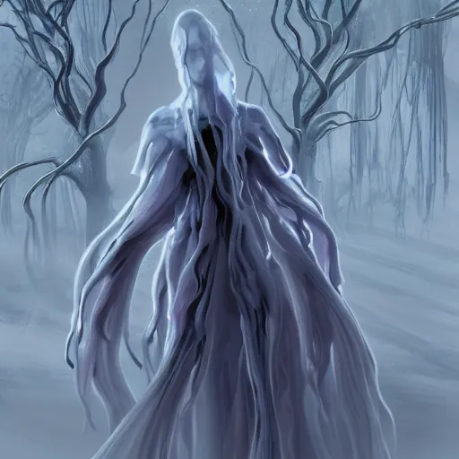 Image similar to concept designs for an ethereal ghostly wraith like figure made from wispy shadows with a squid like parasite latched onto its head and long tentacle arms that flow lazily but gracefully at its sides like a cloak while it floats around a frozen rocky tundra in the snow searching for lost souls and that hides amongst the shadows in the trees, this character has hydrokinesis and electrokinesis for the resident evil village video game franchise with inspiration from the franchise Bloodborne and the mind flayer from stranger things on netflix in the style of a marvel comic