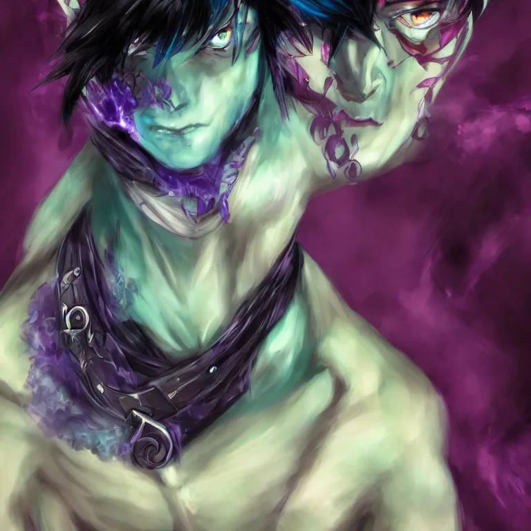 Image similar to Handsome purple and Teal skinned Tiefling, striking azure eyes, black hair, Yoshitaka Amano, digital art