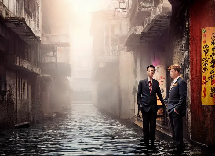 Image similar to a very high resolution image from a new movie, two deer head man in suits, in a narrow chinese alley, surrounded by water vapor, beatiful backgrounds, dramatic lighting, directed by wes anderson