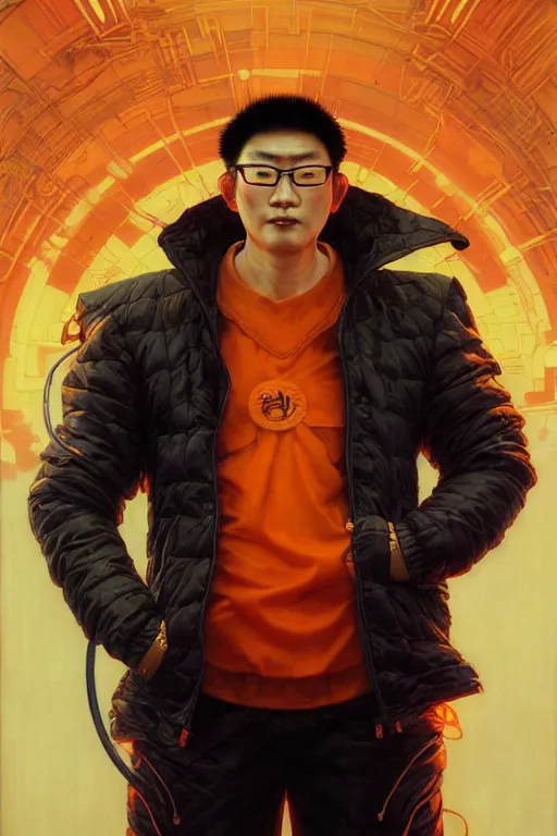 Image similar to an east asian man with short black hair, broad shoulders, thick round spectacles, wearing a bright orange bomber jacket, seductive cyberpunk dark fantasy, art by artgerm and karol bak and moebius and alphonse mucha and greg rutkowski, hyperdetailed, ultrarealistic, octane render